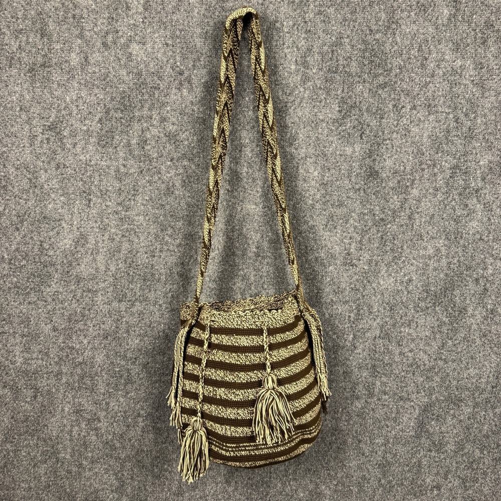 Handwoven Wayuu Mochila Bucket Striped Beige Brown Boho Crossbody Tassel Handbag